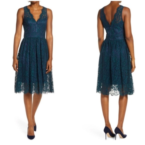 NWT Eliza J Navy & Green Eyelash Lace Fit & Flare Dress, Size 10, Wedding, Party - Picture 1 of 8